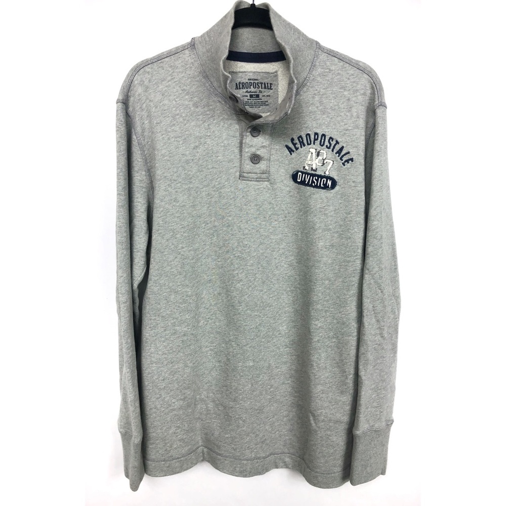 Aeropostale Sweatshirt Men's Pullover Quarter Button Long Sleeve Top Gray Medium